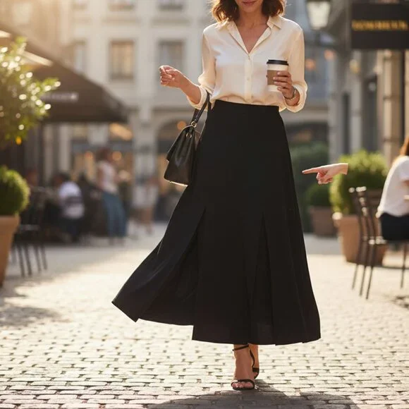 Black Flowing Maxi Skirt with Slits - Picture 6 of 6